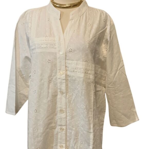 NWT Denim & Co. QVC Eyelet Button Front Shirt White Eyelet 2X Plus - Picture 12 of 15